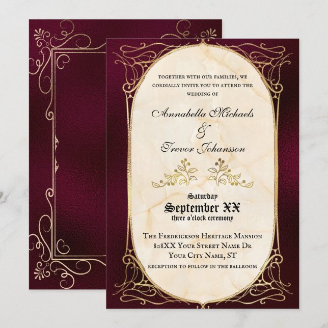 Convites Burgundia e Dourado Casamento Medieval (Frente/Verso)