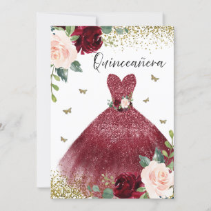 Convites Burgundia Red Gown Esfregando Quinceanera Floral