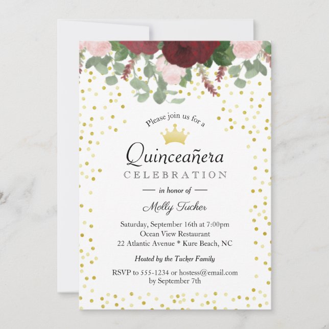 Convites Burgundy - 15 de Quinceanera (Frente)