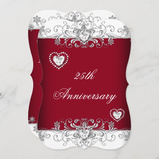 Convites Burgundy 25 Wedding Anniversário Diamond Hearts (Frente/Verso)