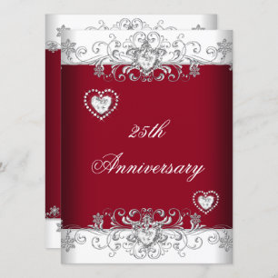 Convites Burgundy 25 Wedding Anniversário Diamond Hearts
