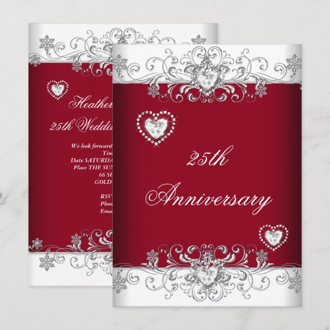 Convites Burgundy 25 Wedding Anniversário Diamond Hearts (Frente/Verso)