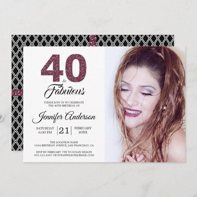 Convites Burgundy 40 e Fabulosa aniversário de 40 anos (Frente/Verso)