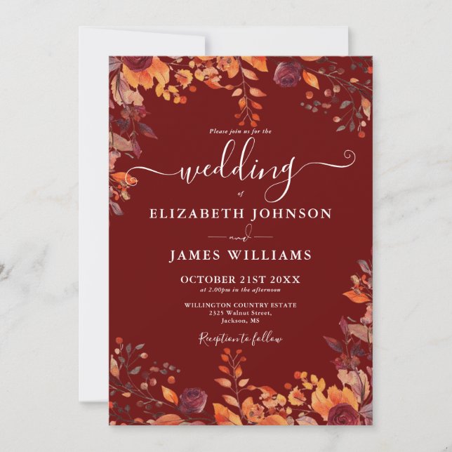 Convites Burgundy All In One Autumn Fall Floral Wedding (Frente)