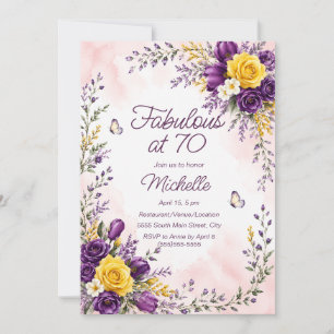 Convites Burgundy Amarelo Floral Fabuloso 70 Aniversário