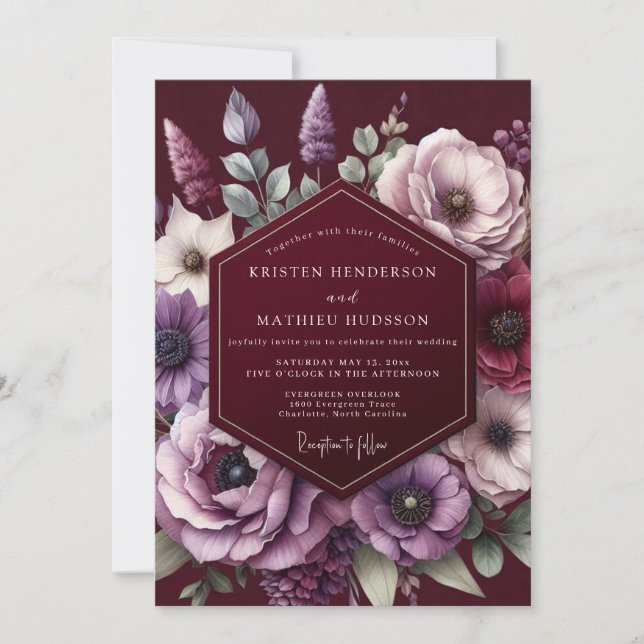 Convites Burgundy Amethyst Bloom Wedding (Frente)