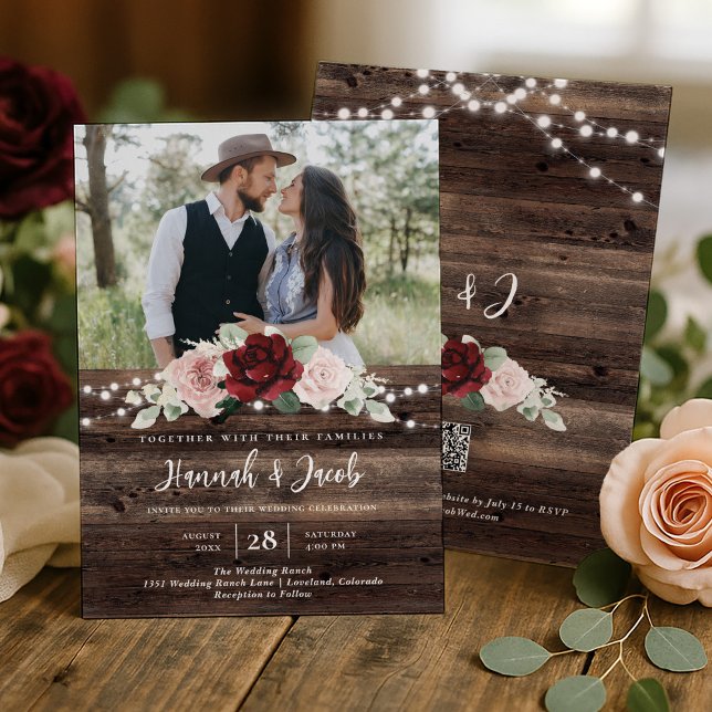 Convites Burgundy and Blush Floral QR Code Rustic Wedding (Criador carregado)