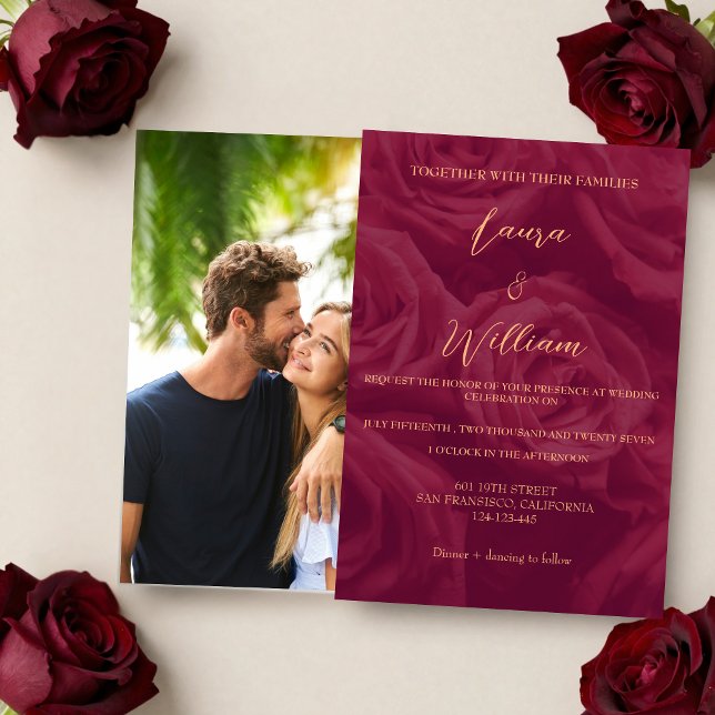 Convites Burgundy and gold elegant picture wedding   (Criador carregado)