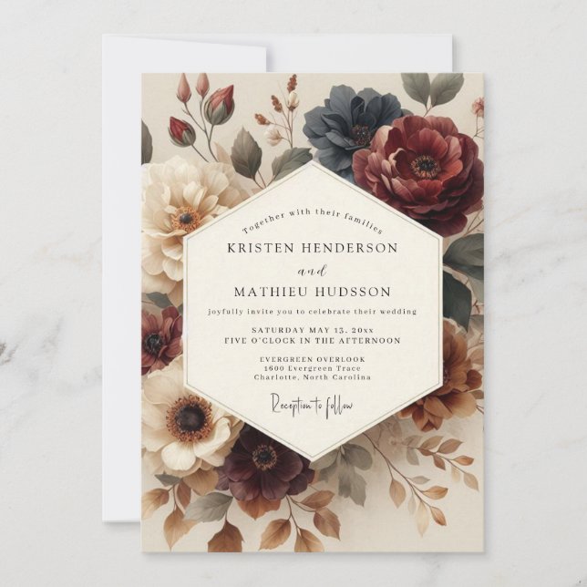 Convites Burgundy Antique Bloom Wedding (Frente)