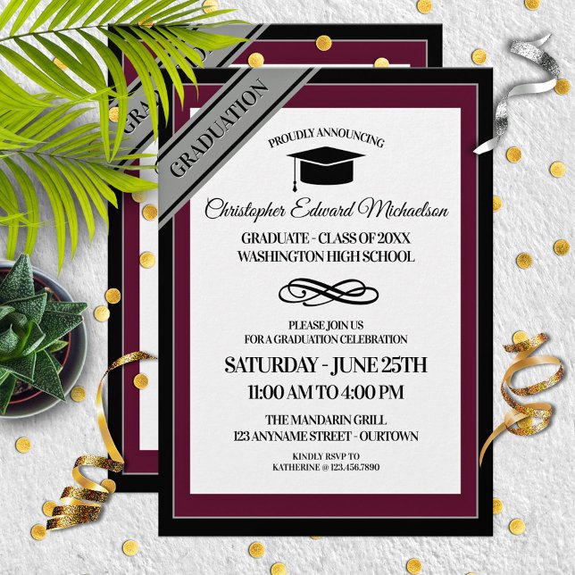 Convites Burgundy|Anúncios de Graduação Formal de Prata (Criador carregado)