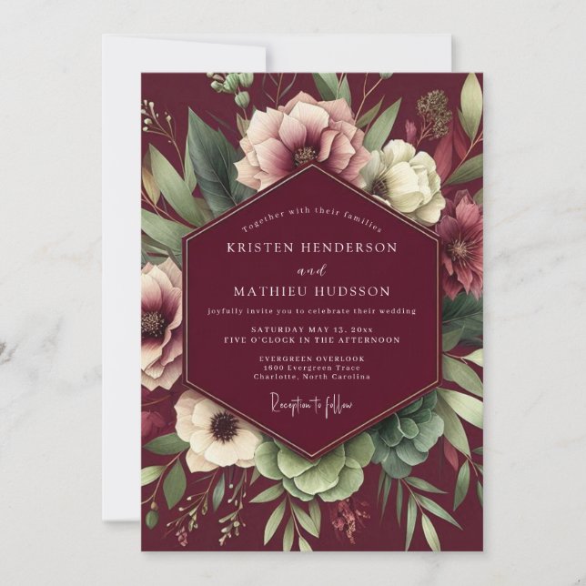 Convites Burgundy Artistic Bloom Wedding (Frente)
