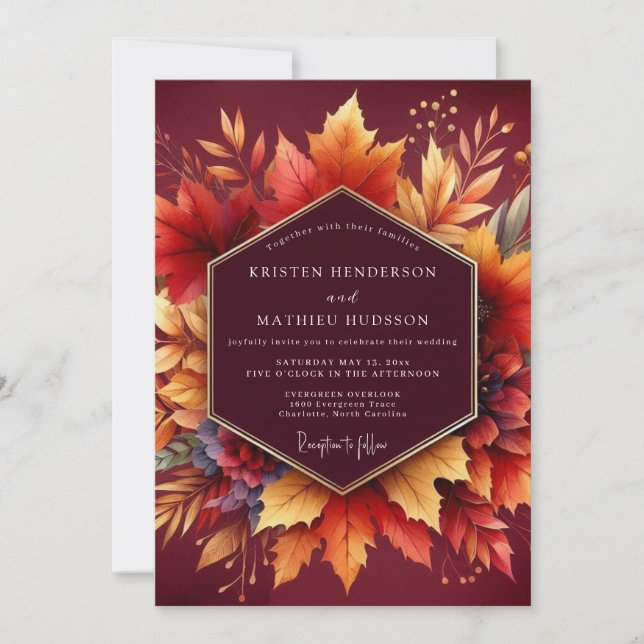 Convites Burgundy Autumn Bloom Wedding (Frente)