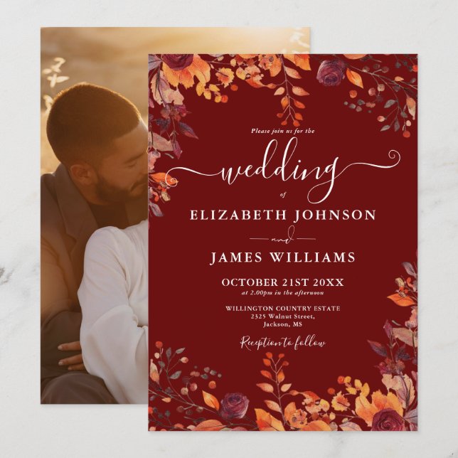 Convites Burgundy Autumn Fall Floral Photo Wedding (Frente/Verso)