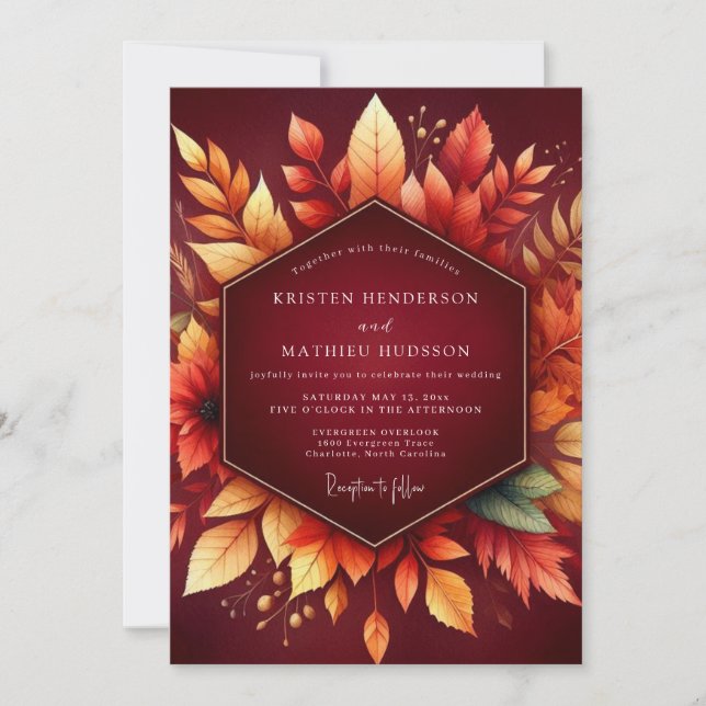 Convites Burgundy Autumn Foliage Romance Wedding (Frente)