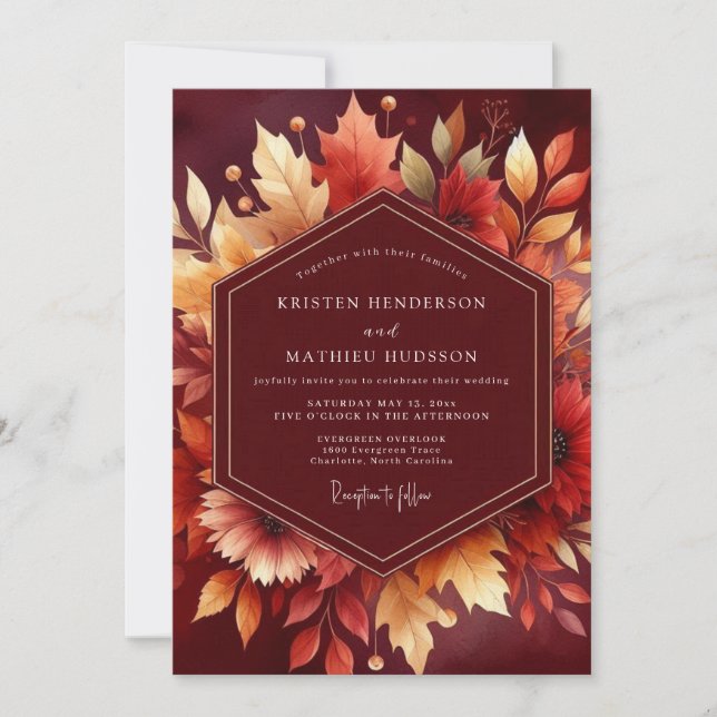 Convites Burgundy Autumn Foliage Wedding (Frente)