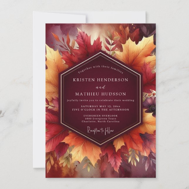 Convites Burgundy Autumn Leaf Celebration Wedding (Frente)