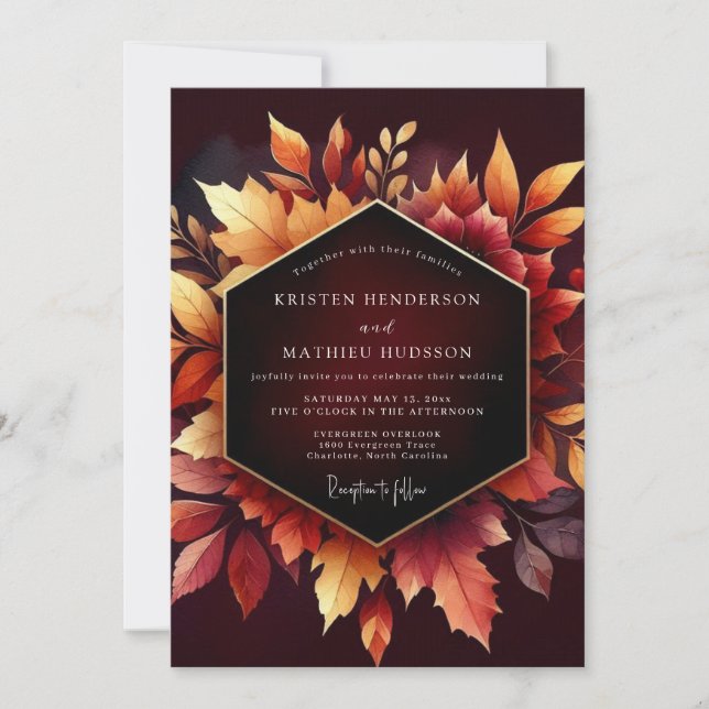 Convites Burgundy Autumn Leaf Romance Wedding (Frente)