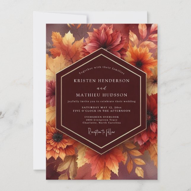 Convites Burgundy Autumnal Bloom Wedding (Frente)