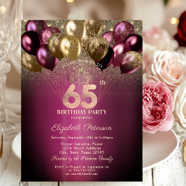 Convites Burgundy Balloons Glitter 65º Aniversário