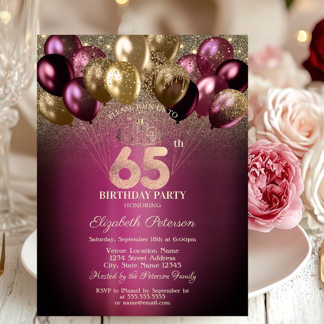 Convites Burgundy Balloons Glitter 65º Aniversário (Criador carregado)