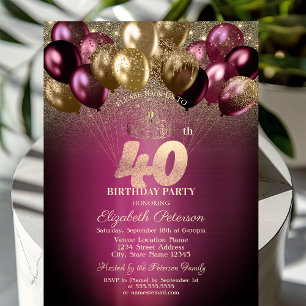 Convites Burgundy Balloons Glitter aniversário de 40 anos