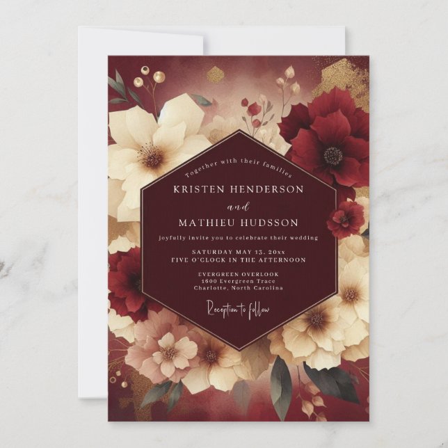 Convites Burgundy Baroque Flora Wedding (Frente)