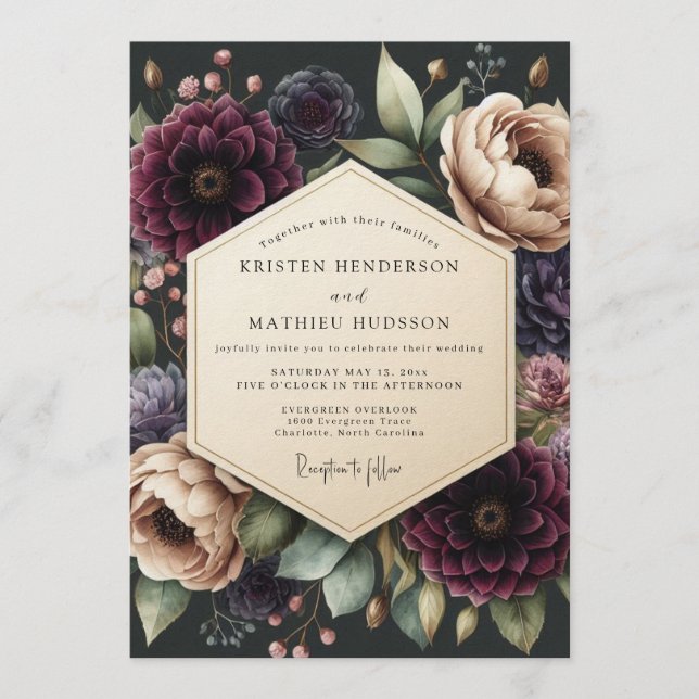 Convites Burgundy Baroque Floral Wedding (Frente)