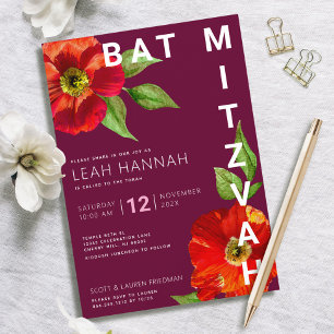 Convites Burgundy Bat Mitzvah Floral Aquarela Moderno