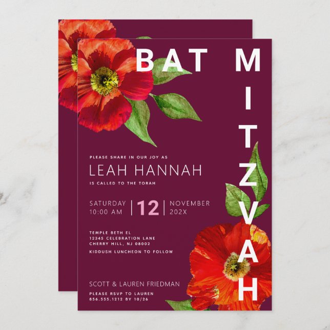 Convites Burgundy Bat Mitzvah Floral Watercolor Moderna (Frente/Verso)