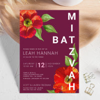 Burgundy Bat Mitzvah Floral Watercolor Moderna