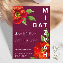 Convites Burgundy Bat Mitzvah Floral Watercolor Moderna