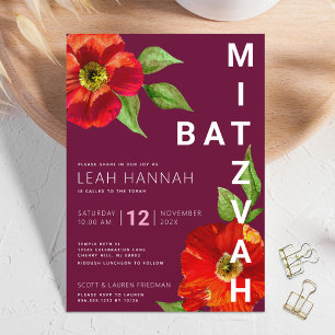 Convites Burgundy Bat Mitzvah Floral Watercolor Moderna