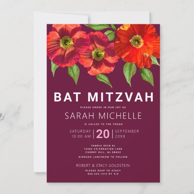 Convites Burgundy Bat Mitzvah Modern Watercolor Floral (Frente)