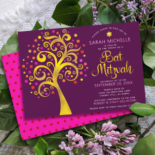 Convites Burgundy Bat Mitzvah Moderno Folheado a Ouro Árvor
