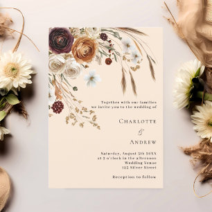 Convites Burgundy beige pampas florais casamento de luxo