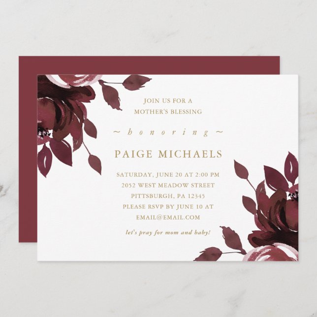 Convites Burgundy Bênção da Mãe Cristã Floral (Frente/Verso)