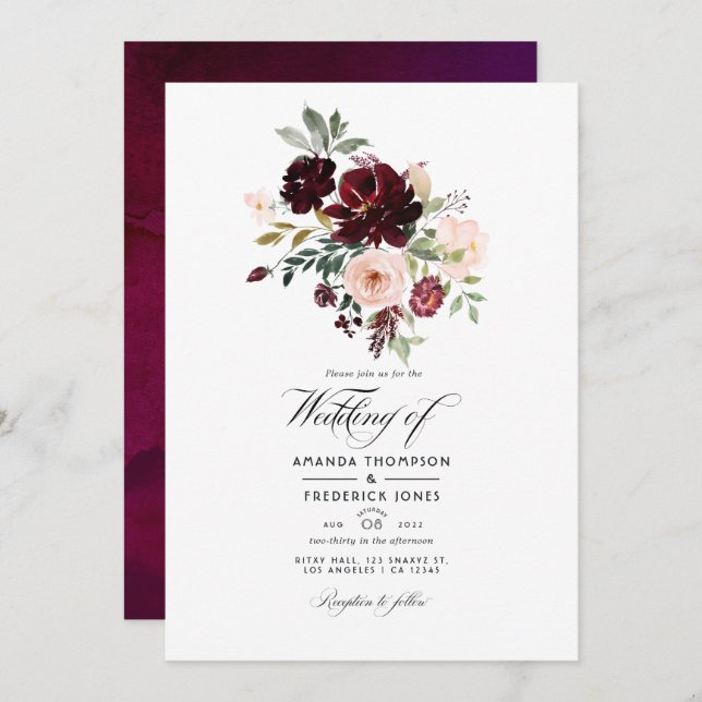 Convites Burgundy Berry & Blush Foto De Casamento Floral (Frente/Verso)