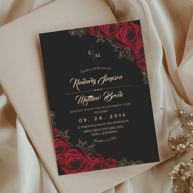Convites Burgundy Black and Gold Rose Floral Boho Wedding (Criador carregado)
