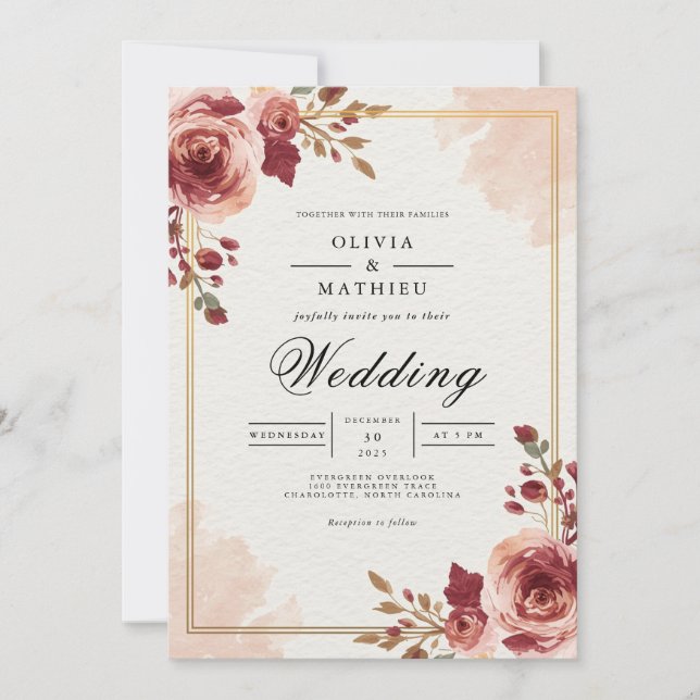 Convites Burgundy Bloom Archway Wedding (Frente)