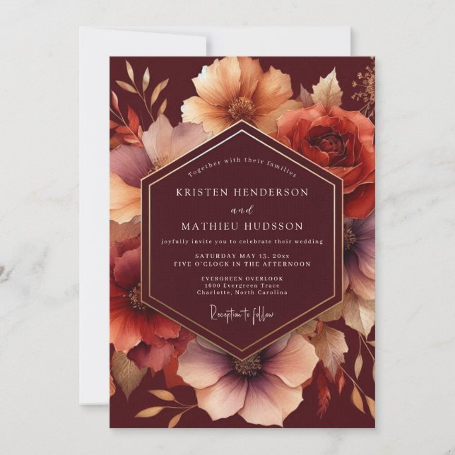 Convites Burgundy Bloom Autumn Wedding (Frente)