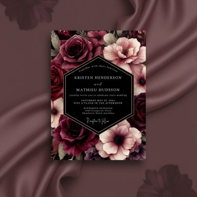 Convites Burgundy Bloom Floral Wedding (Criador carregado)