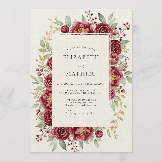 Convites Burgundy Bloom Romance Wedding (Frente)