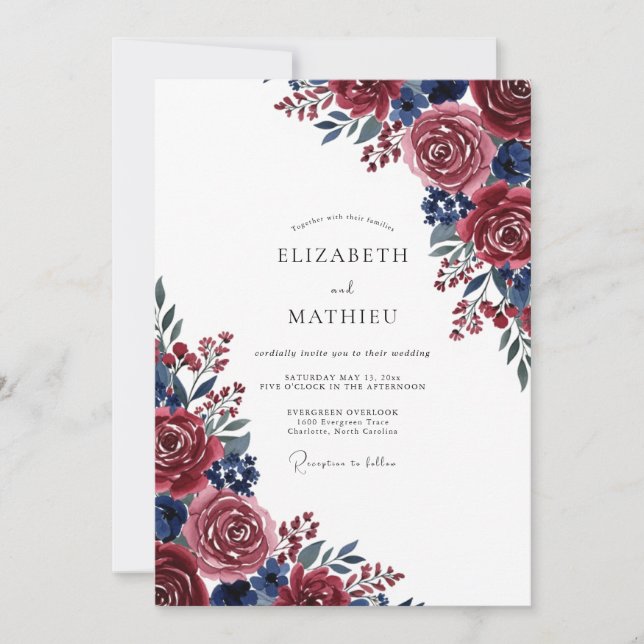 Convites Burgundy Blue Painterly Bloom Wedding (Frente)