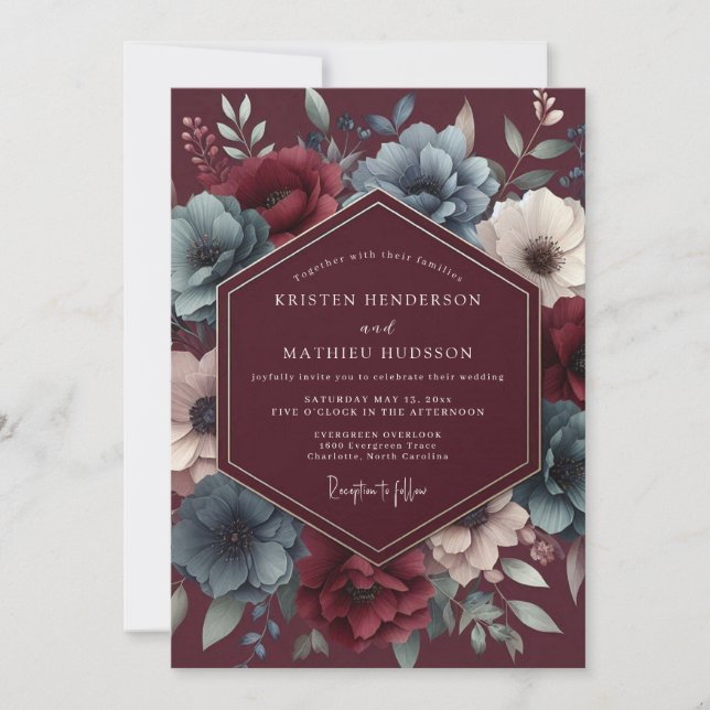 Convites Burgundy & Blue Shadowy Bloom Wedding (Frente)