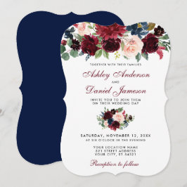 Convites Burgundy Blue Watercolor Casamento Floral Elegante