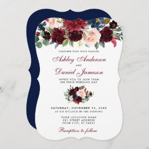Convites Burgundy Blue Watercolor Casamento Floral Elegante