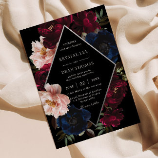 Convites Burgundy Blush Black Navy Floral Silver Wedding