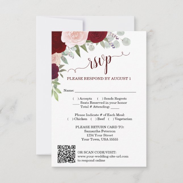 Convites Burgundy Blush Boho Roses Wedding QR Code RSVP  (Frente)