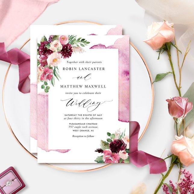 Convites Burgundy Blush e Berry Floral Casamento (Criador carregado)