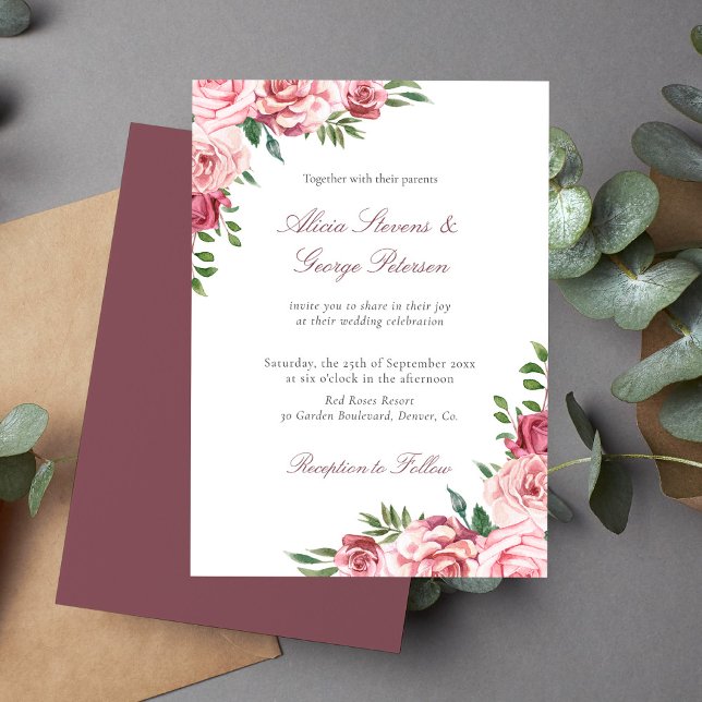 Convites Burgundy blush floral aquarela elegante casamento (Criador carregado)